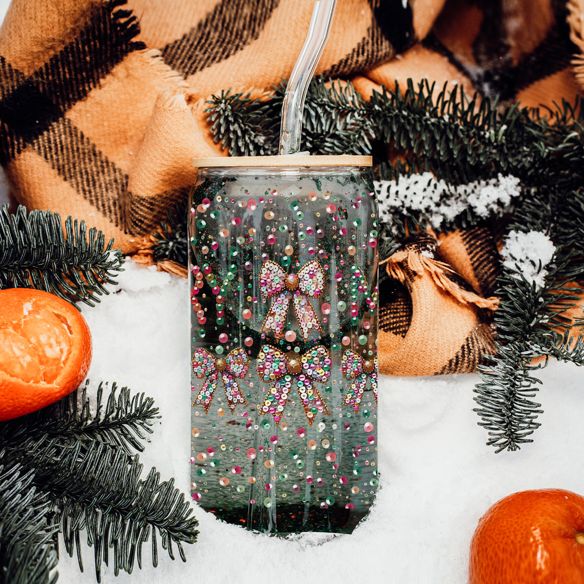 Holiday drinkware glass cup 17oz - Christmas Merry glitter tumbler bamboo lid - Festive coquette bow coffee gift with straw
Hot chocolate cup Christmas Merry glass tumbler 17oz - Sequin coquette bow holiday drinkware bamboo lid